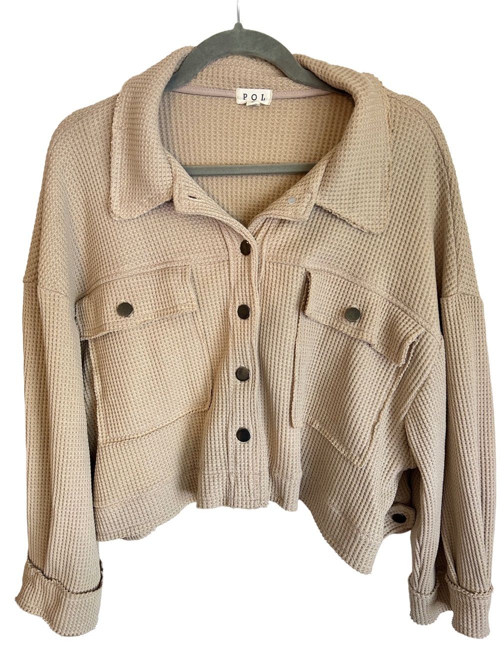POL Beige Waffle Knit Cropped Button Boho Jacket Shacket